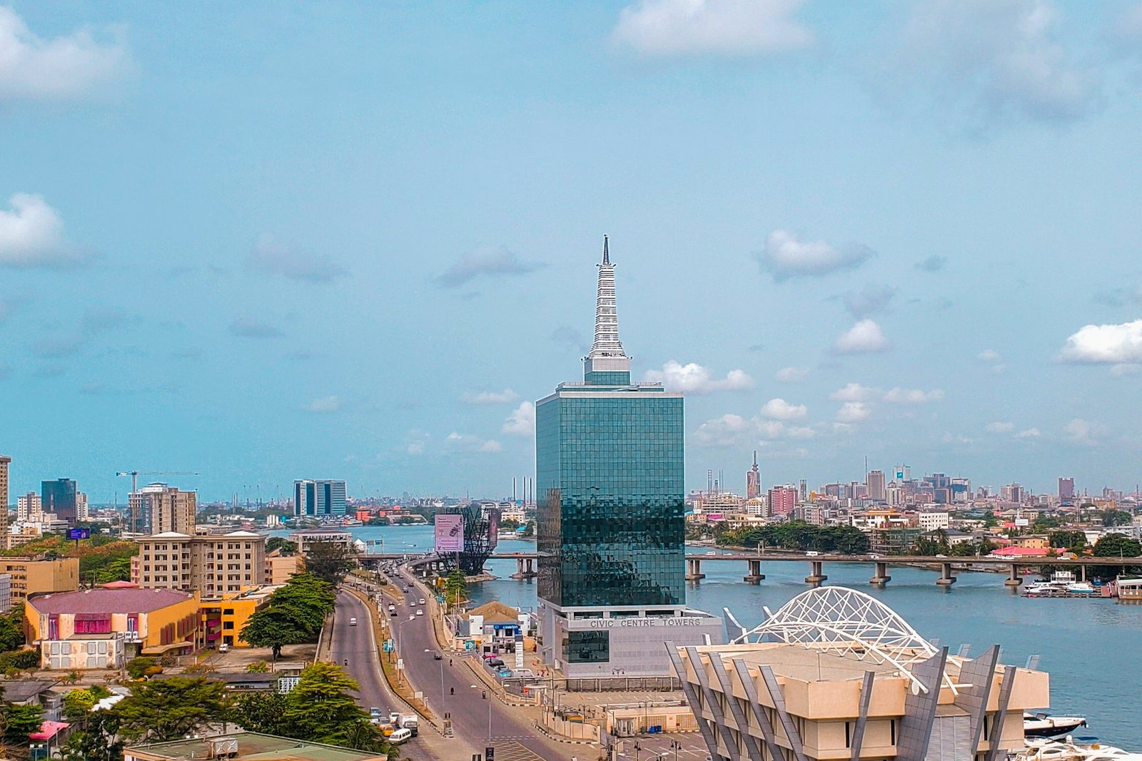 The Lagos skyline over the lagoon, with the Civic Centre and Marina in view